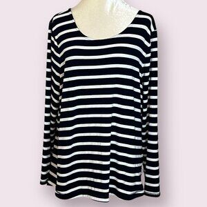 T by Talbots Women's 2X Plus Navy White Striped Long Sleeve Stretch Cotton Top